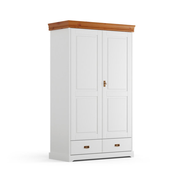 Landehaus Kleiderschrank Massivholzmöbel 2-türig mit 2 Auszügen weiß lackiert Honigkiefer - Toskania